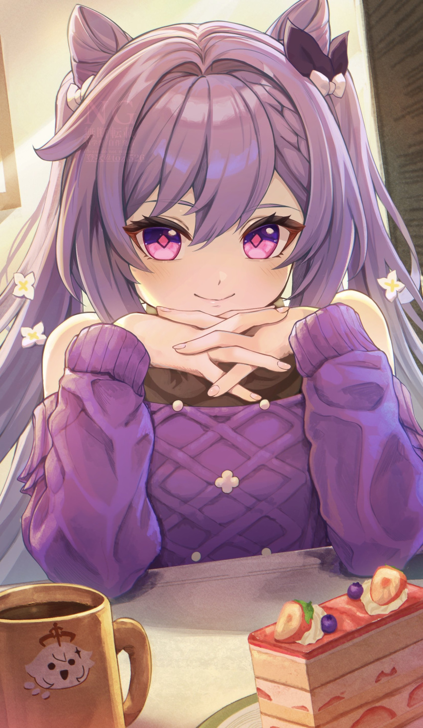1girl, absurdres, bare_shoulders, cake, cake_slice, closed_mouth, coffee_mug, cone_hair_bun