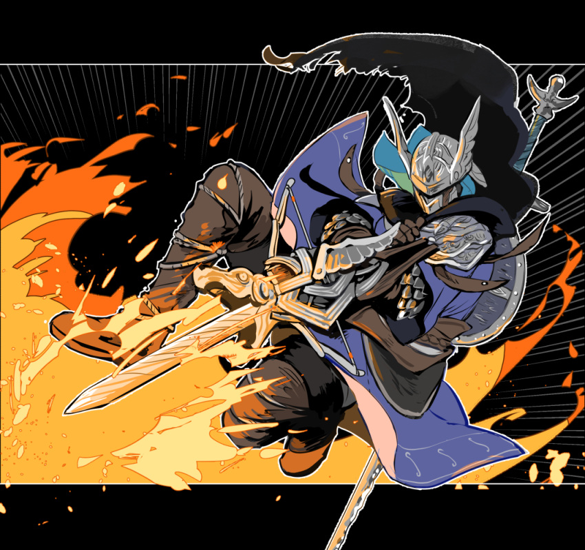 1boy, arm_mounted_weapon, armor, black_border, black_cape, blue_surcoat, boots, border, cape, dynamic_pose, elden_ring, elden_ring_nightreign, explosion, explosion_background, full_body, gloves, hat_over_eyes, helmet, rokko_nr315, scale_armor, solo, sword, sword_on_back, weapon, weapon_on_back, winged_helmet, wylder_(elden_ring)