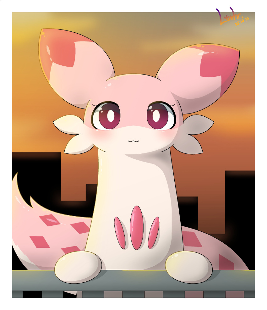 absurdres, border, bright_pupils, chillet_ignis, colored_skin, highres, looking_at_viewer, ltrlrthtak06ver, no_humans, outside_border, pal_(creature), palworld, pink_eyes, pink_skin, signature, solo, sunset, white_border, white_pupils