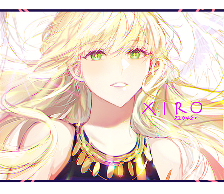 1girl, :d, black_shirt, blonde_hair, commentary, feathered_wings, floating_hair, green_eyes, grin, letterboxed, long_hair, looking_at_viewer, omniscient_reader's_viewpoint, portrait, shirt, smile, solo, symbol-only_commentary, uriel_(omniscient_reader's_viewpoint), very_long_hair, white_wings, wind, wings, xiro