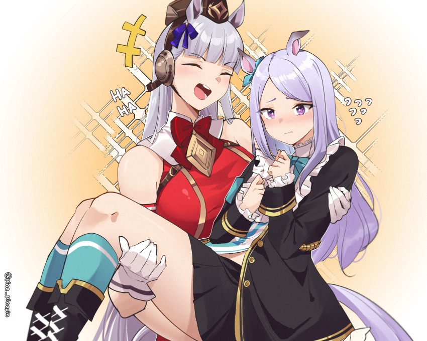 +++, 2girls, animal_ears, aqua_bow, aqua_bowtie, aqua_socks, artist_name, black_boots