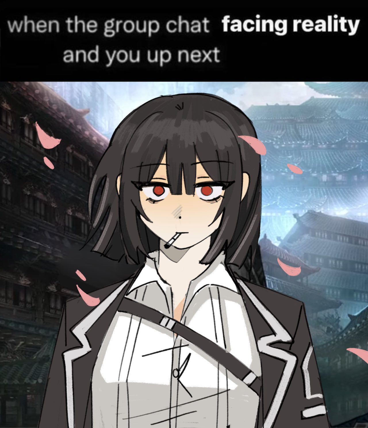 1girl, architecture, bags_under_eyes, black_coat, black_hair, breasts, cigarette, coat, collared_shirt, east_asian_architecture, english_commentary, english_text, expressionless, falling_petals, hair_between_eyes, hair_intakes, highres, lcb_uniform_(project_moon), limbus_company, looking_ahead, medium_hair, meme, multicolored_coat, official_art_inset, open_clothes, open_coat, petals, pink_petals, project_moon, qiqi_dayo, red_eyes, ryoshu_(project_moon), shirt, small_breasts, smoking, strap, white_coat, wind