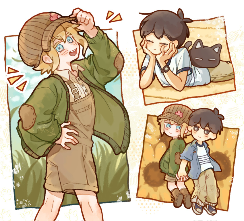 2boys, absurdres, adjusting_clothes, adjusting_headwear, antenna_hair, arm_up, basil_(birthday)_(omori), basil_(faraway)_(omori)