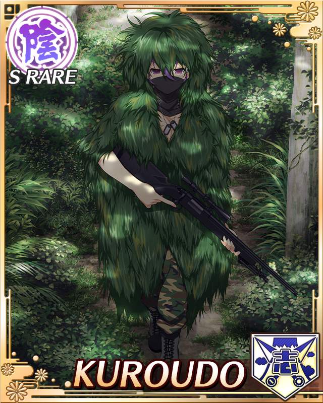 1girl, black_mask, border, breasts, camouflage, camouflage_pants, card_(medium), dappled_sunlight