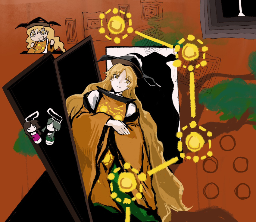 3girls, apron, black_hat, blonde_hair, brown_eyes, brown_hair, closed_eyes, closed_mouth