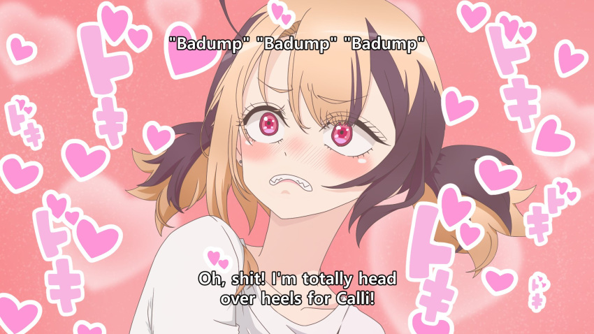1girl, blush, brown_hair, derivative_work, english_text, eyelashes, fake_screenshot, furrowed_brow, gigi_murin, heart, heart_background, highres, hololive, hololive_english, multicolored_hair, parted_lips, pink_background, pink_eyes, scene_reference, screenshot_redraw, sharp_teeth, shirt, short_hair, soda_pop3423, sono_bisque_doll_wa_koi_wo_suru, subtitled, teeth, twintails, two-tone_hair, upper_body, virtual_youtuber, white_shirt