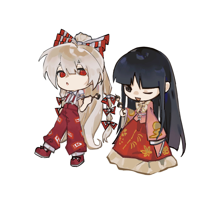2girls, baggy_pants, bamboo_print, belt, black_hair, bow, bowtie, brown_eyes
