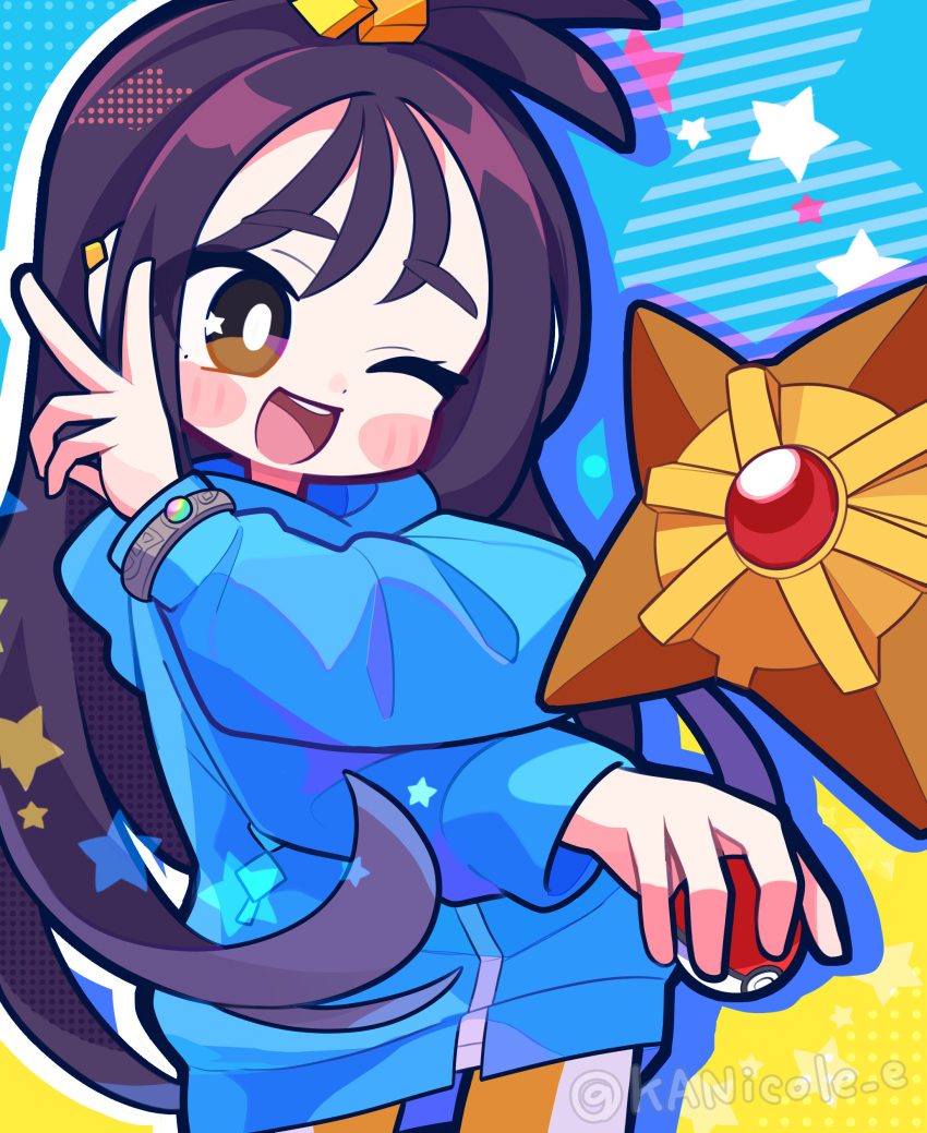 1girl, absurdres, black_hair, blue_jacket, blush, blush_stickers, bracelet, bracelet_over_sleeve