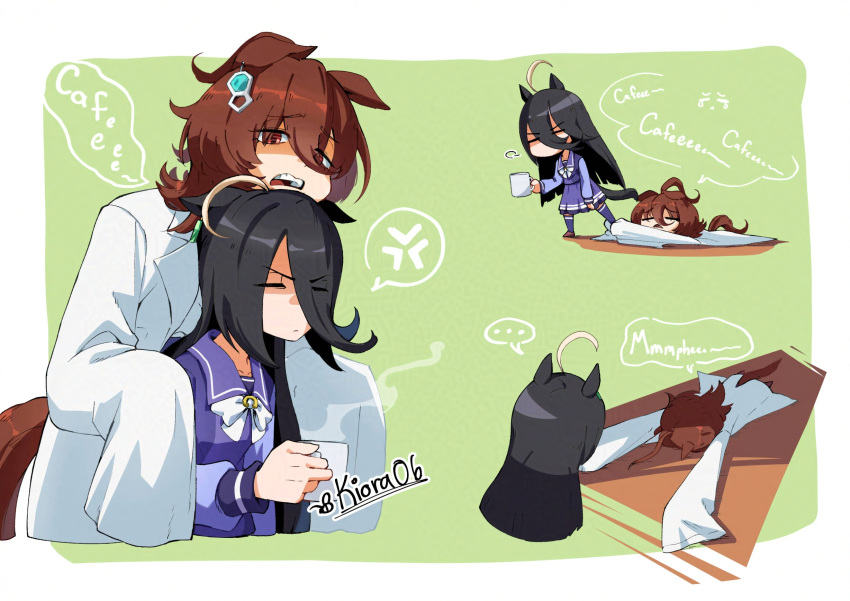 ..., 2girls, agnes_tachyon_(umamusume), ahoge, anger_vein, animal_ears, annoyed, black_hair