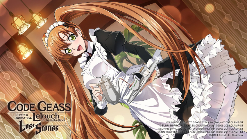 1girl, apron, black_dress, blurry, blush, bokeh, breasts, code_geass, code_geass:_lost_stories, commentary_request, cork, cup, depth_of_field, dress, dutch_angle, english_commentary, f4samurai, frilled_apron, frilled_dress, frilled_sleeves, frills, glint, granulated_sugar, green_eyes, hair_between_eyes, happy, highres, holding, holding_teapot, holding_tray, indoors, jar, juliet_sleeves, leg_up, long_dress, long_hair, long_sleeves, looking_at_viewer, maid, maid_apron, maid_headdress, medium_breasts, official_art, open_mouth, orange_hair, pantyhose, picture_frame, pouring, puffy_sleeves, saucer, shirley_fenette, shoes, sidelocks, smile, solo, spoon, standing, standing_on_one_leg, steam, teacup, teapot, teeth, tray, twintails, very_long_hair, white_apron, white_pantyhose, white_shoes