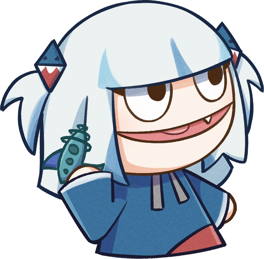 1girl, blunt_bangs, commentary, drawstring, energy_gun, english_commentary, fang, gawr_gura