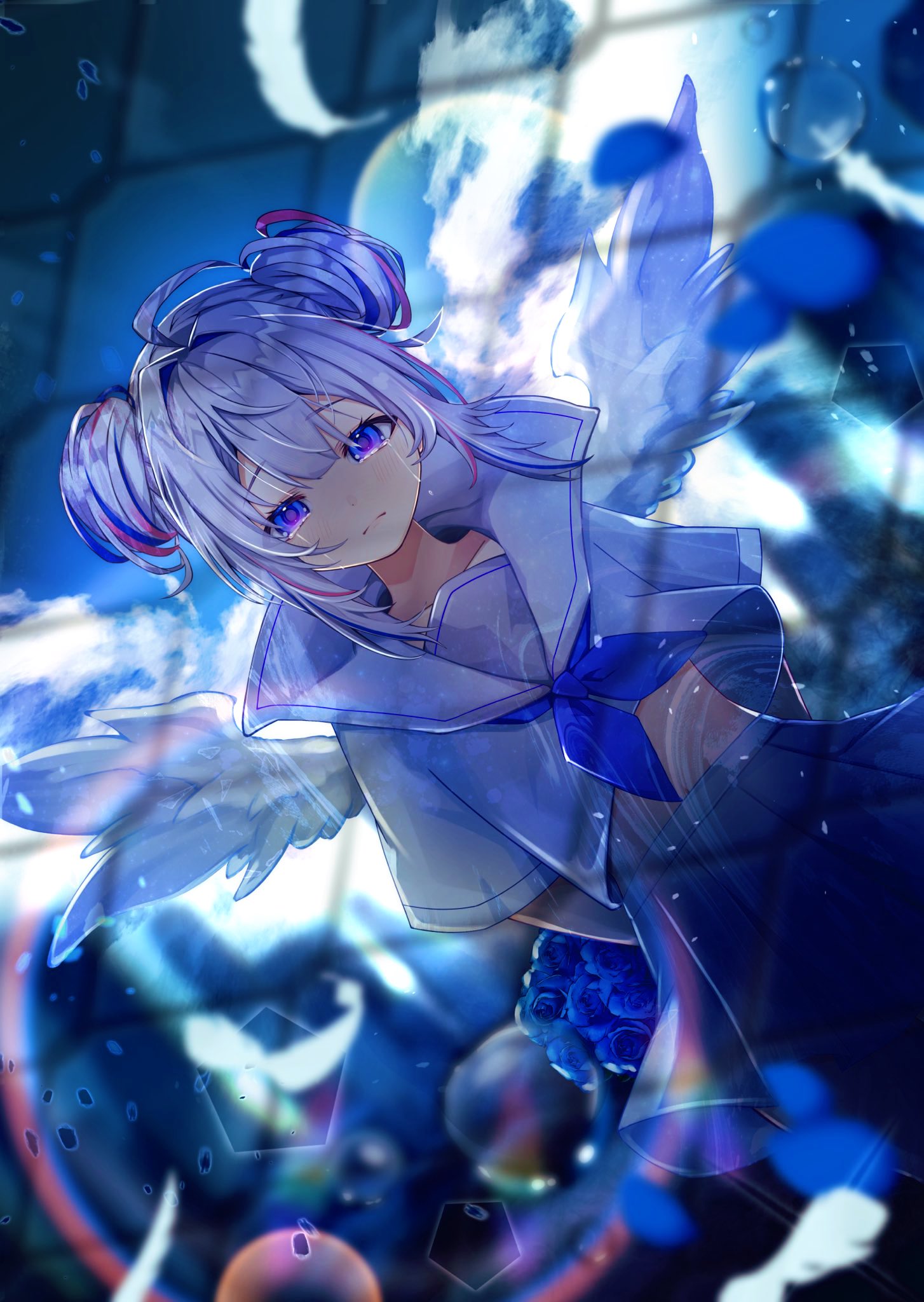 1girl, ahoge, alternate_costume, amane_kanata, angel, angel_wings, blue_flower, blue_hair