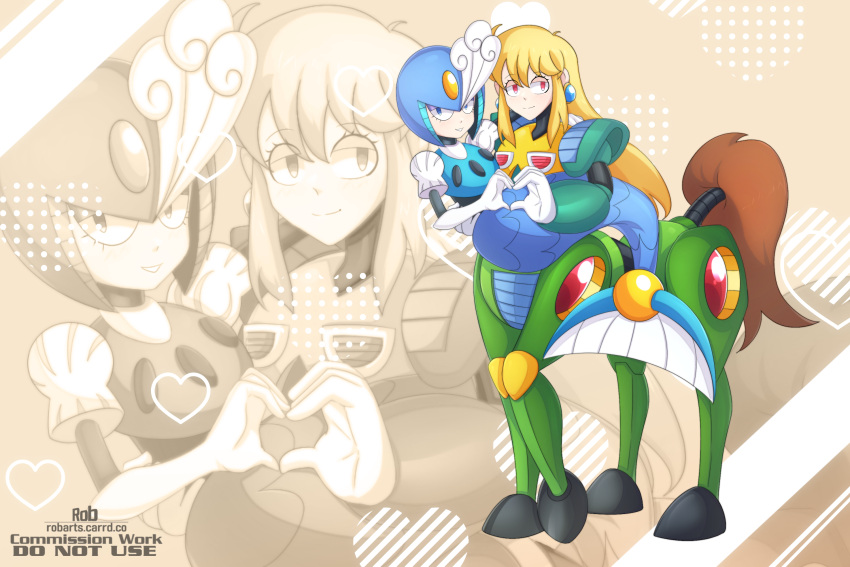 2girls, arm_around_shoulder, armor, artist_name, blonde_hair, blue_armor, blue_eyes, blue_helmet, carrying, centaur, centaur_man, closed_mouth, earrings, elbow_gloves, english_commentary, forehead_jewel, full_body, gem, genderswap, genderswap_(mtf), gloves, green_armor, hair_between_eyes, heart, heart_hands, heart_hands_duo, helmet, highres, horse_tail, humanoid_robot, jewelry, long_hair, looking_at_viewer, mega_man_(classic), mega_man_(series), mega_man_6, mega_man_9, mermaid, monster_girl, multiple_girls, multiple_legs, parted_lips, princess_carry, puffy_short_sleeves, puffy_sleeves, red_eyes, rob_(robarts), robot, robot_girl, short_sleeves, smile, splash_woman, standing, standing_on_three_legs, tail, taur, white_gloves, yellow_gemstone, zoom_layer