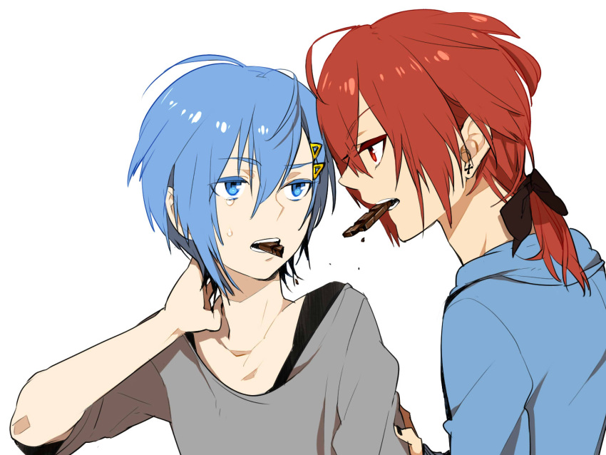 blue_eyes, blue_hair, bow, chocolate, earrings, food, genderswap, hair_bow
