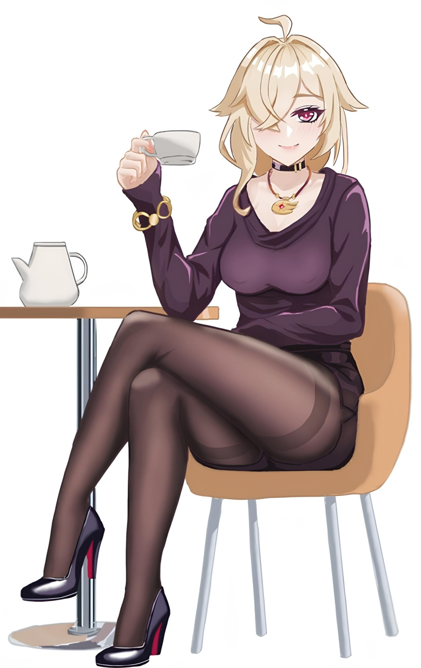 1girl, 9_xiansheng_0o0, absurdres, black_choker, blonde_hair, breasts, chenxue_(honkai_impact), choker, crossed_legs, cup, hair_over_one_eye, highres, holding, holding_cup, honkai_(series), honkai_impact_3rd, long_hair, looking_at_viewer, non-web_source, red_eyes, shirt, simple_background, smile, white_background