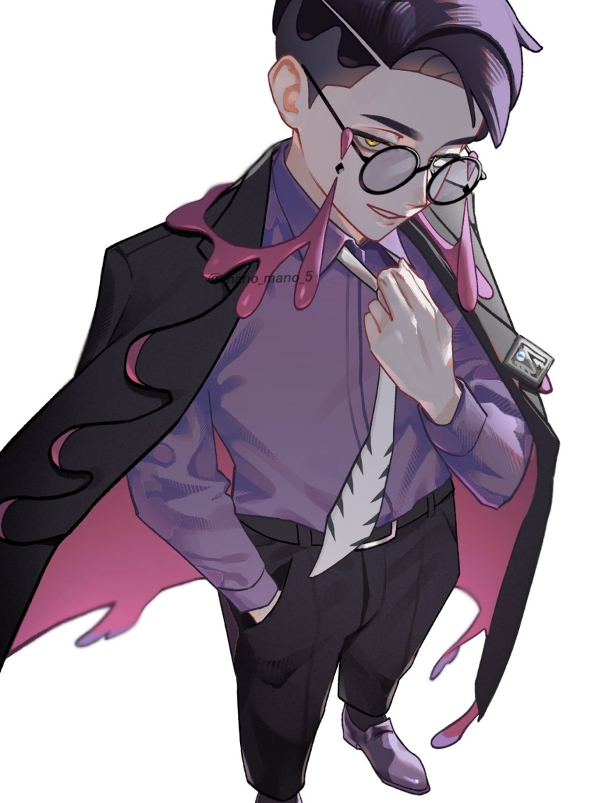 1boy, adjusting_clothes, adjusting_necktie, black-framed_eyewear, black_hair, black_jacket, black_pants, collared_shirt