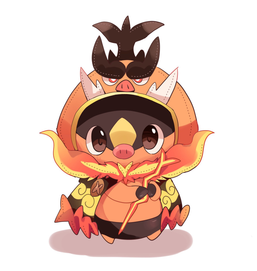 brown_eyes, cosplay, emboar, highres, holding, holding_staff, hood, hood_up
