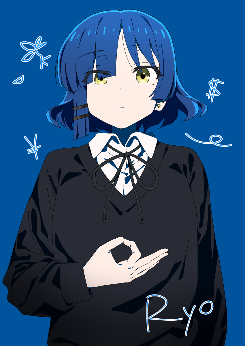 1girl, absurdres, black_ribbon, black_sweater, blue_background, blue_hair, bocchi_the_rock!, character_name, closed_mouth, collared_shirt, commentary_request, dot_nose, earrings, hair_ornament, hairclip, hand_up, highres, jewelry, looking_at_viewer, mole, mole_under_eye, money_gesture, neck_ribbon, ok_sign, oriorioiro, parallel_hairclips, ribbon, school_uniform, shirt, short_hair, simple_background, solo, stud_earrings, sweater, upper_body, white_shirt, wing_collar, yamada_ryo, yellow_eyes