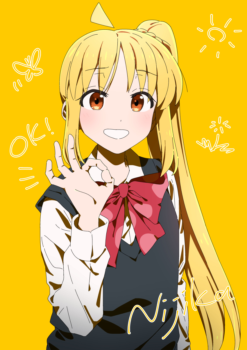 1girl, absurdres, ahoge, black_sweater_vest, blonde_hair, bocchi_the_rock!, bow, bowtie, character_name, choppy_bangs, commentary_request, dot_nose, grin, hand_up, highres, ijichi_nijika, long_hair, long_sleeves, looking_at_viewer, ok_sign, orange_eyes, oriorioiro, polka_dot, polka_dot_bow, polka_dot_bowtie, red_bow, red_bowtie, school_uniform, shirt, side_ponytail, simple_background, smile, solo, sweater_vest, upper_body, white_shirt, yellow_background