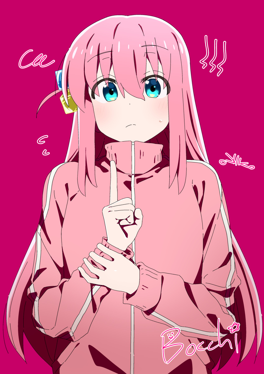 1girl, absurdres, blue_eyes, bocchi_the_rock!, character_name, choppy_bangs, closed_mouth, commentary_request, cube_hair_ornament, dot_nose, frown, gotoh_hitori, hair_between_eyes, hair_ornament, hands_up, highres, holding_own_wrist, index_finger_raised, jacket, long_bangs, long_hair, long_sleeves, looking_at_viewer, oriorioiro, pink_background, pink_hair, pink_jacket, simple_background, small_sweatdrop, solo, straight-on, straight_hair, track_jacket, upper_body