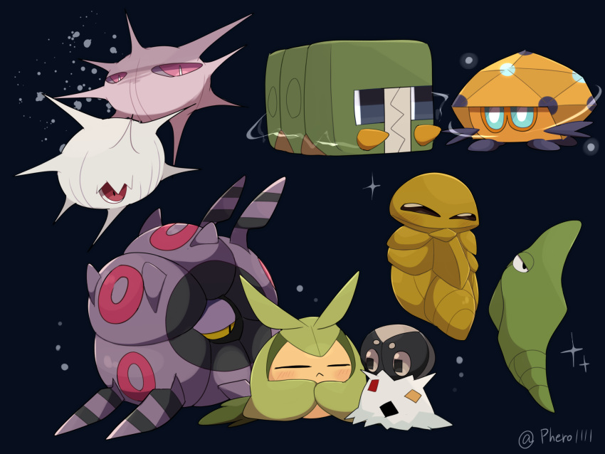 :<, =_=, a-nya, blue_background, blue_eyes, blush, bright_pupils, cascoon, charjabug, closed_eyes, closed_mouth, colored_sclera, dottler, electricity, full_body, highres, kakuna, mandibles, metapod, no_humans, pokemon, pokemon_(creature), pokemon_focus, purple_sclera, rectangular_eyes, rectangular_pupils, red_eyes, silcoon, simple_background, slit_pupils, spewpa, spikes, swadloon, twitter_username, whirlipede, white_pupils