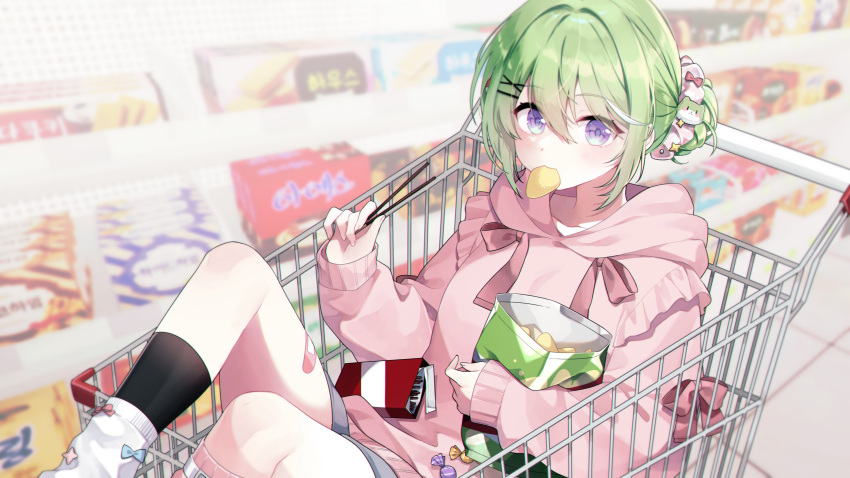 1girl, absurdres, alternate_costume, alternate_hairstyle, asymmetrical_legwear, bag, bag_of_chips, black_socks