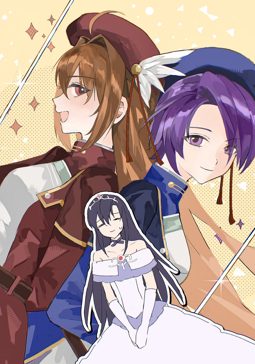1boy, 2girls, asprosgy, bare_shoulders, beret, black_hair, blue_hat, brown_hair