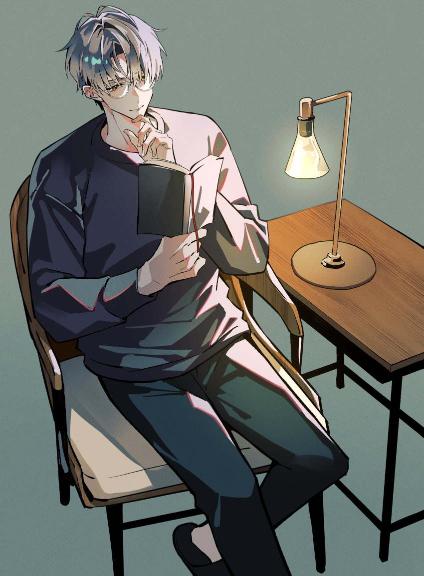 1boy, absurdres, aose_(_aose242), black_pants, black_slippers, book, brown_eyes, chair