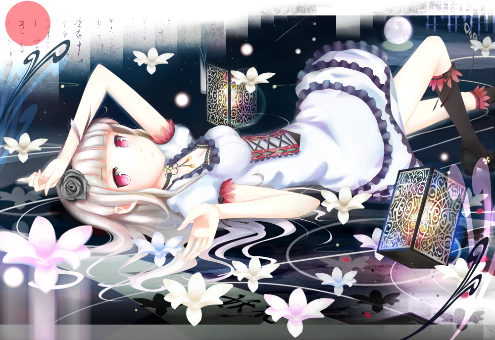 black_rose, black_rose_(flower), breasts, cleavage, dress, flower, hair_flower, hair_ornament