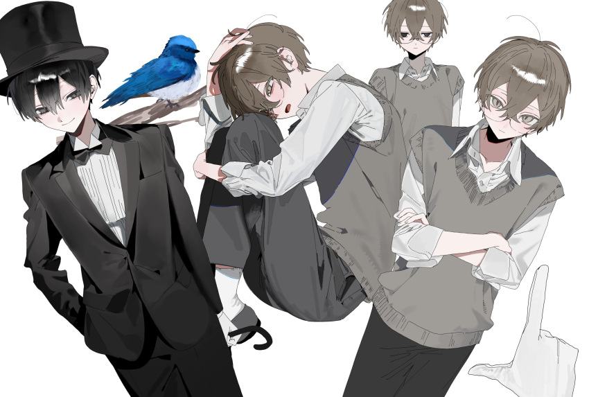 bird, black_bow, black_bowtie, black_eyes, black_hair, black_jacket, black_pants, black_shoes