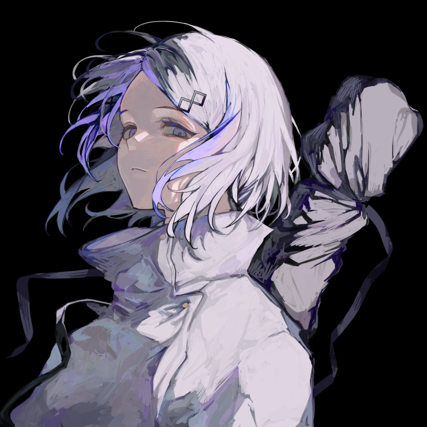 1girl, alternate_costume, alternate_hairstyle, black_background, blue_eyes, cosplay, diamond-shaped_pupils, diamond_(shape)