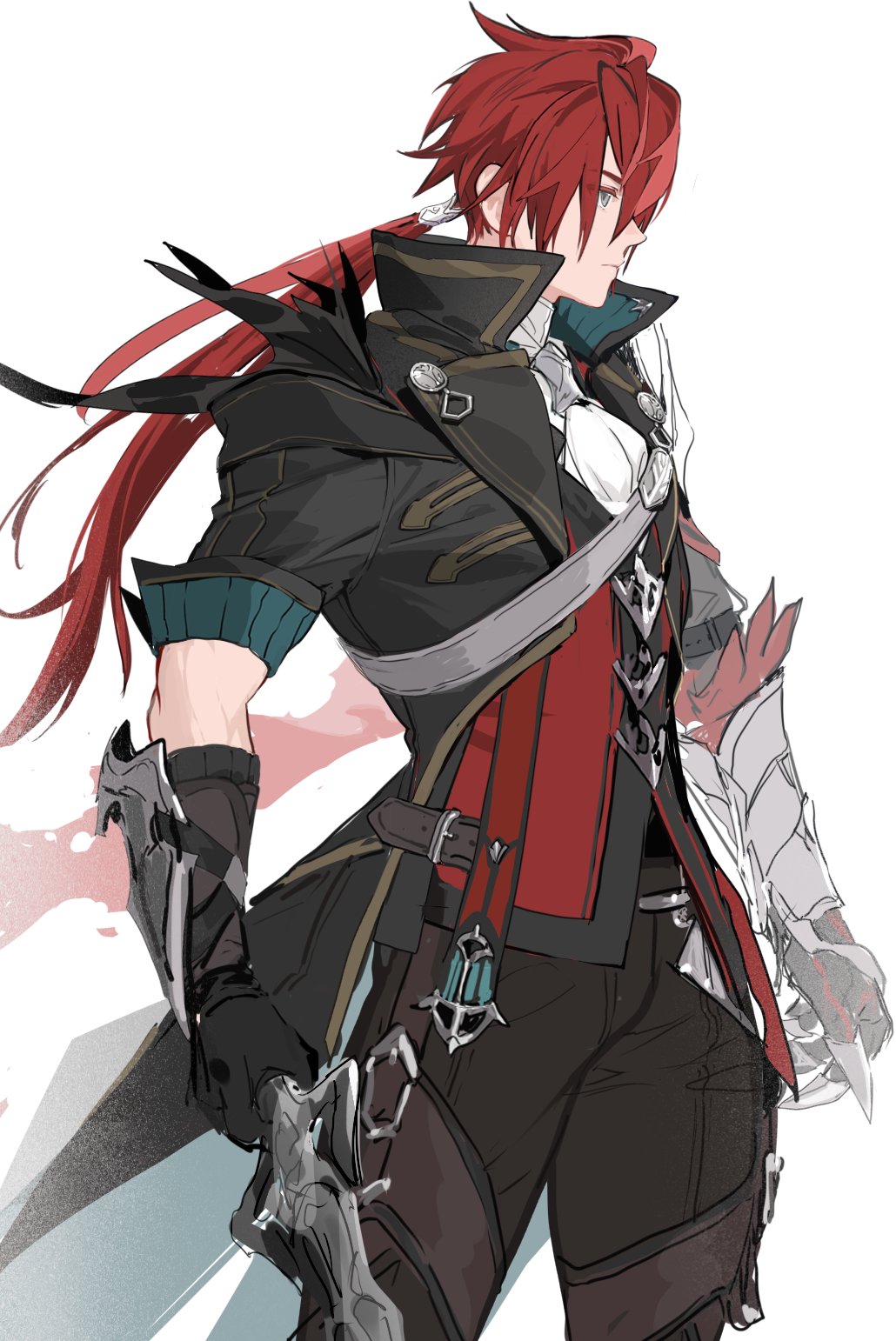 1boy, adol_christin, armor, blue_eyes, closed_mouth, coat, crimson_king_(ys), floating_hair