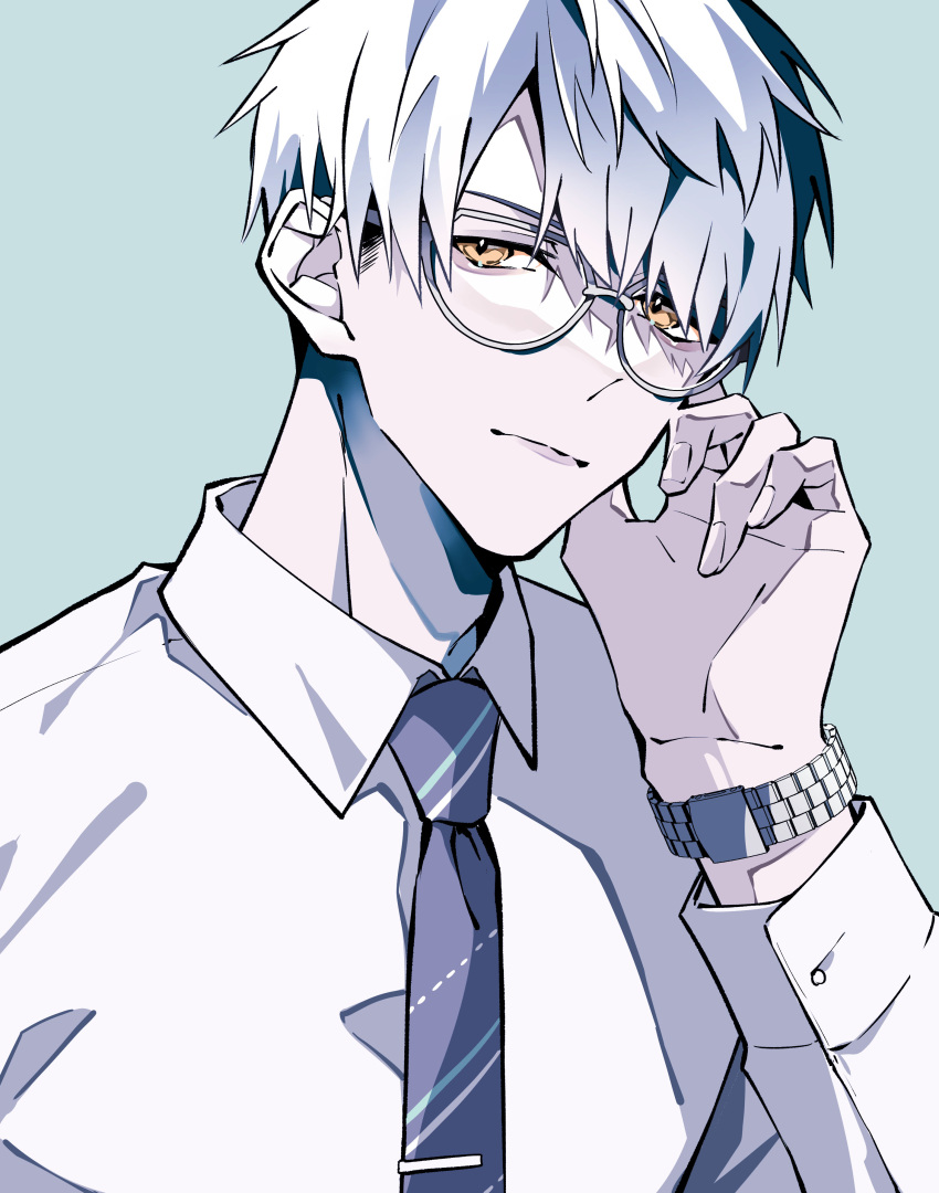 1boy, absurdres, adjusting_eyewear, aose_(_aose242), aqua_background, brown_eyes, closed_mouth, collared_shirt