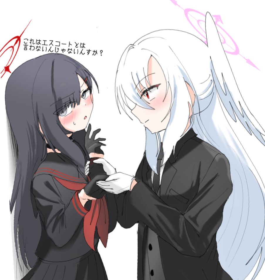 2girls, alternate_costume, black_gloves, black_hair, black_serafuku, blue_archive, gloves, halo, head_wings, holding_hands, ichika_(blue_archive), long_hair, looking_at_another, multiple_girls, niwakafune, open_mouth, purple_halo, red_eyes, red_halo, school_uniform, serafuku, single_head_wing, smile, suit, suzumi_(blue_archive), sweatdrop, white_gloves, white_hair, wings, yuri