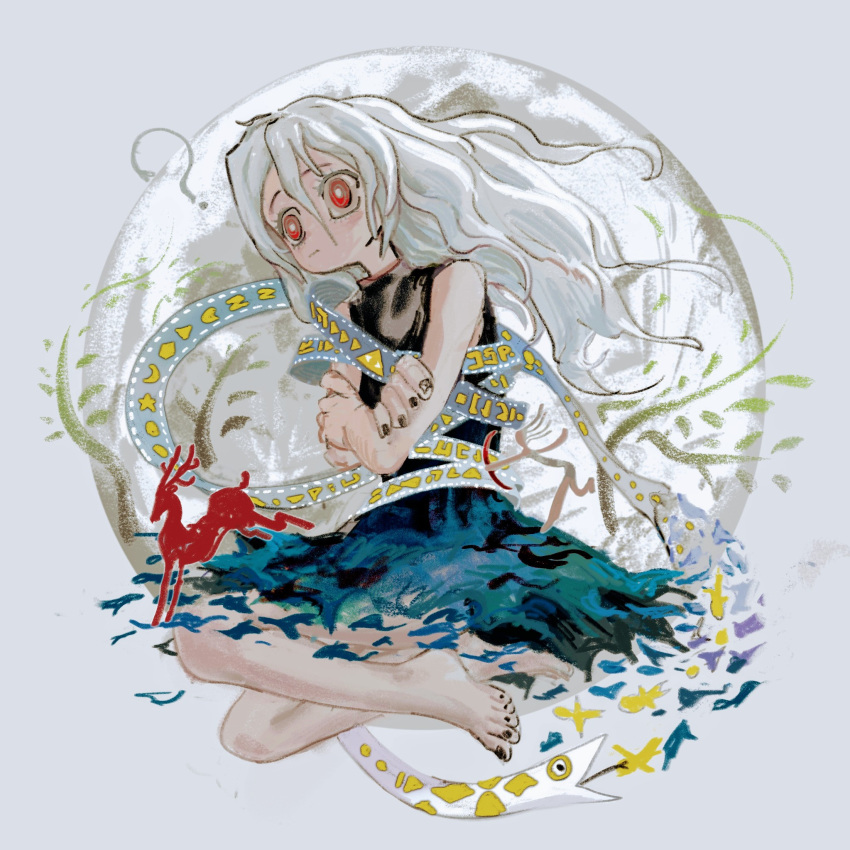 ?, barefoot, black_nails, blue_skirt, full_body, full_moon, highres, long_hair