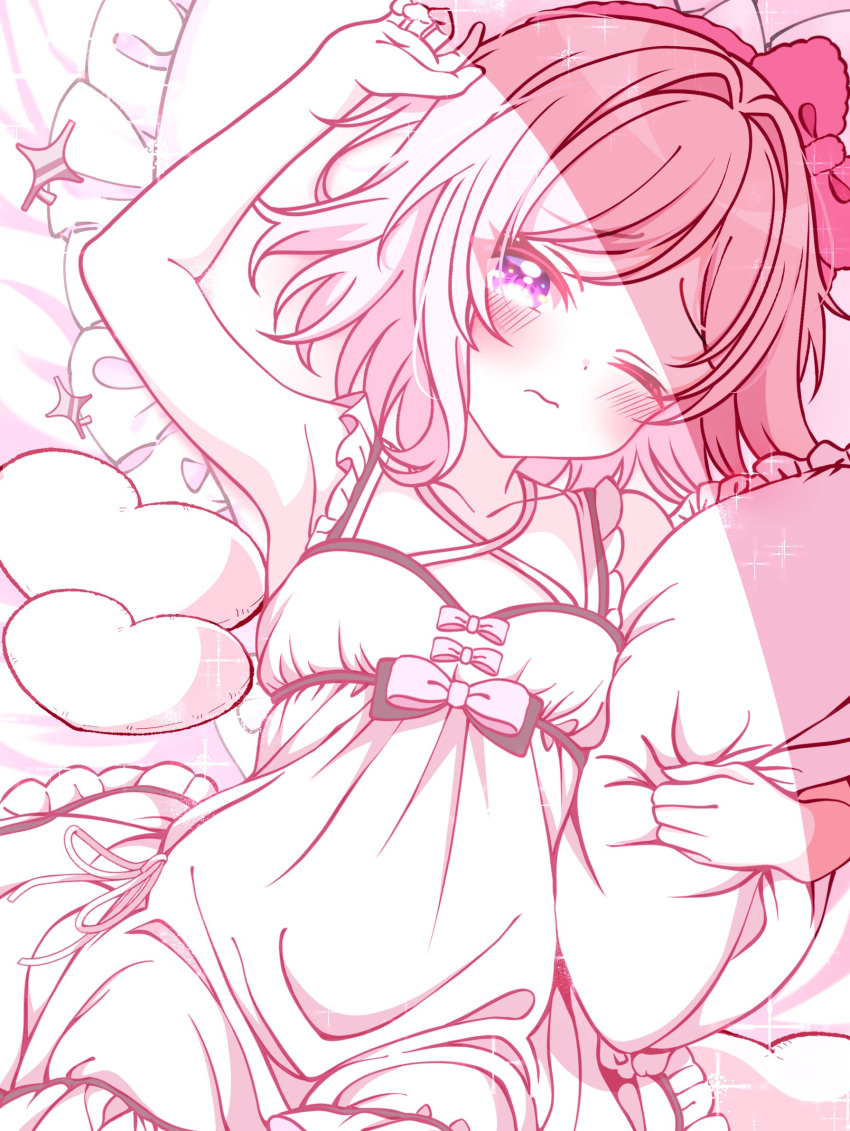 1girl, animal_ears, blush, bow, cat_ears, collarbone, frills, fudeshima_shigure, hair_bow, heart, heart-shaped_pillow, highres, kanaria_chick, looking_at_viewer, lying, monochrome, on_back, one_eye_closed, pillow, pink_theme, short_hair, solo, sparkle, underwear, world_dai_star