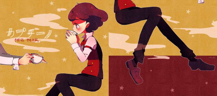 1girl, 33lol, black_pants, black_socks, blush, bright_pupils, brown_shoes, burgundy_(pokemon)