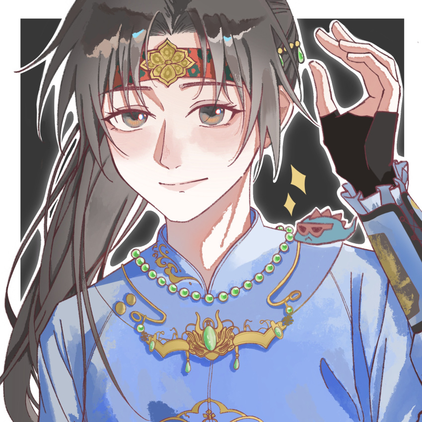 1boy, bead_necklace, beads, black_background, black_gloves, black_hair, blue_hanfu, border