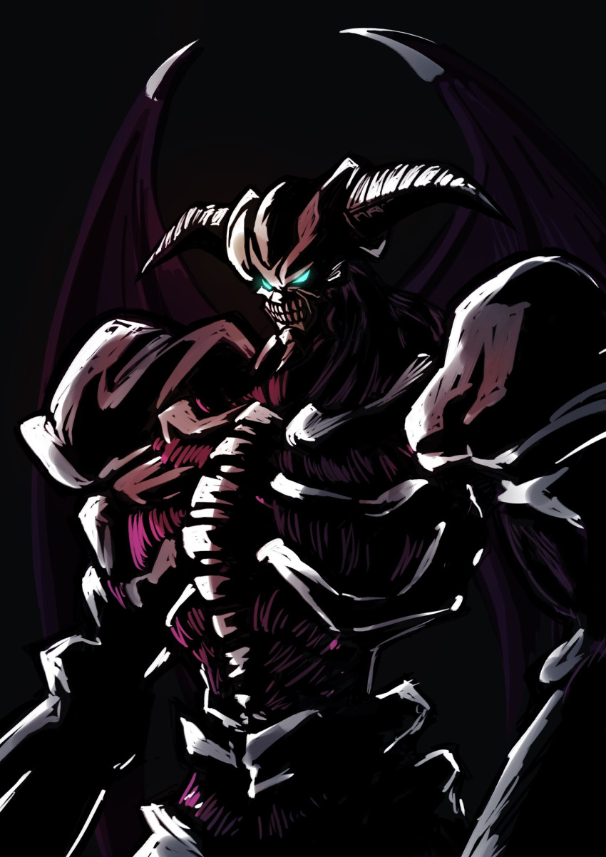 black_background, blue_eyes, bone, closed_mouth, demon, demon_horns, demon_wings, duel_monster