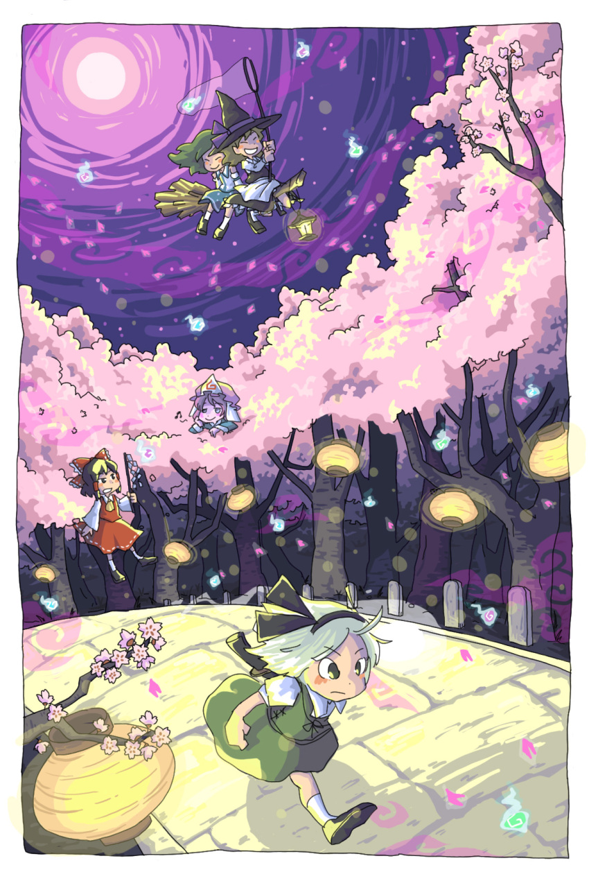 black_eyes, black_hair, blonde_hair, broom, brown_eyes, butterfly_net, cherry_blossoms, closed_eyes