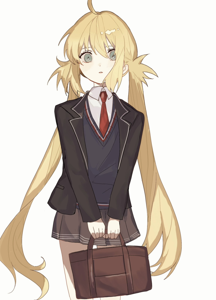 1girl, ahoge, alternate_costume, artoria_caster_(fate), artoria_pendragon_(fate), bag, brown_bag, collared_shirt