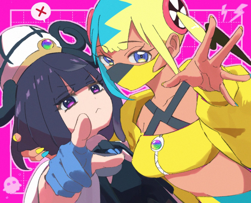 2girls, aqua_hair, aqua_nails, arm_around_neck, black_dress, black_hair, blonde_hair, blue_eyes