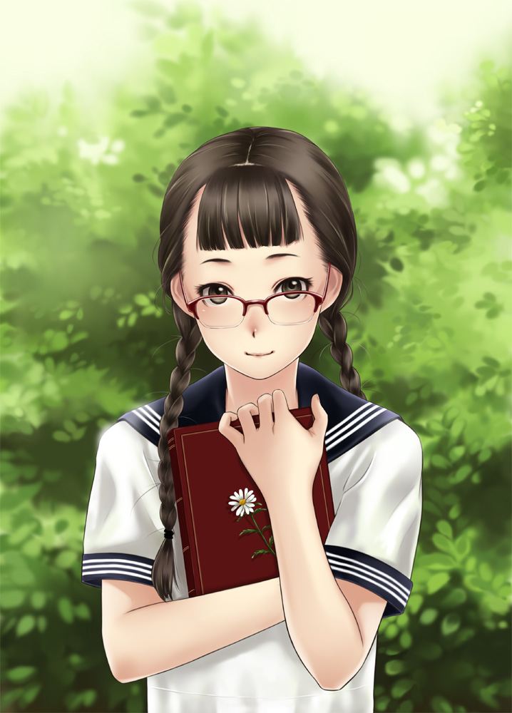 book, braid, brown_eyes, brown_hair, face, flower, glasses, hands