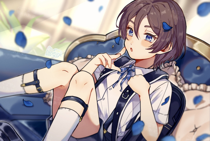 1boy, aged_down, armchair, backpack, bag, blue_eyes, blurry, blurry_background