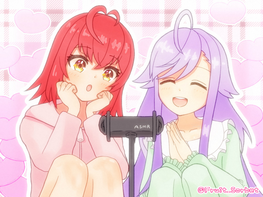 2girls, :d, ahoge, blush, closed_eyes, commentary_request, heart, highres