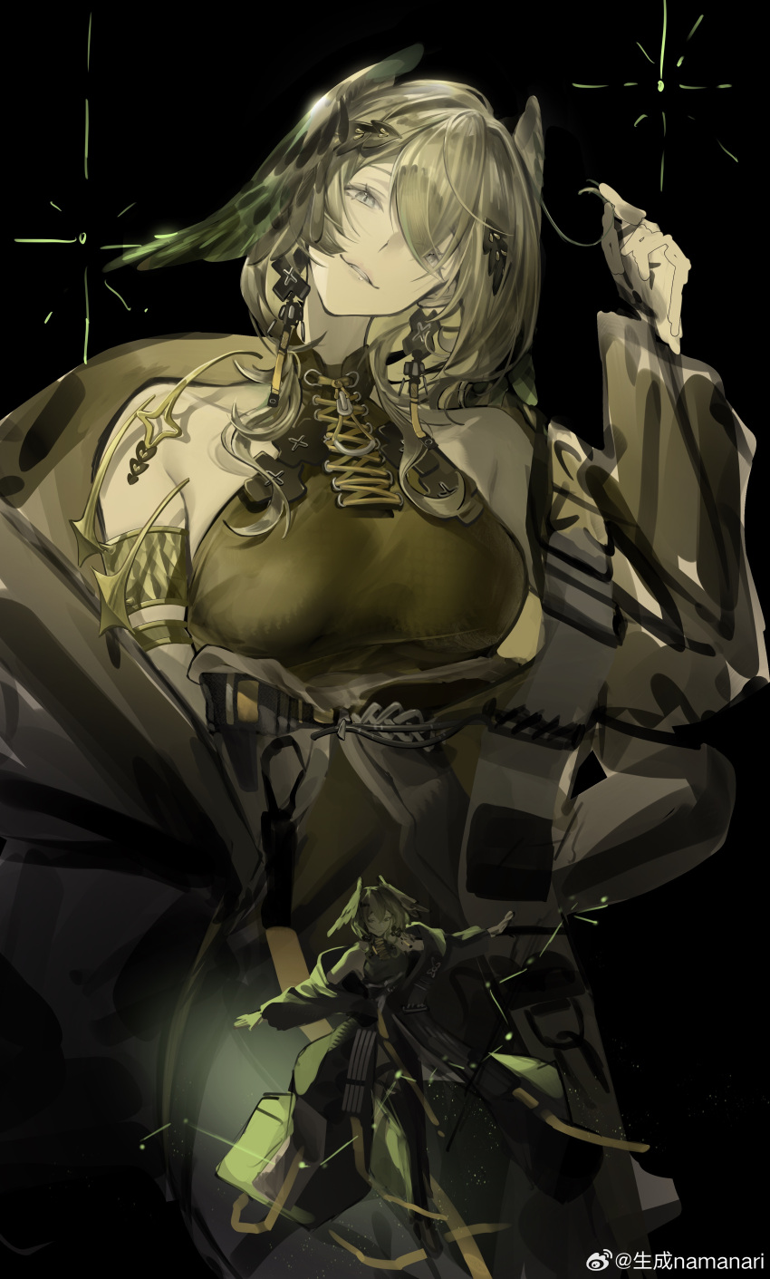 1girl, absurdres, arknights, black_dress, breasts, dress, feathered_wings, grey_hair