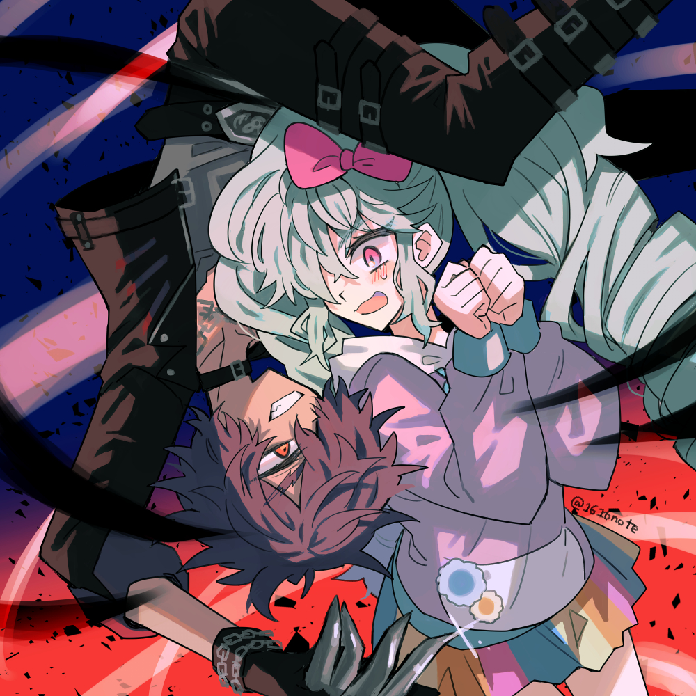 1616note, 1boy, 1girl, belt, black_belt, black_collar, black_gloves, black_jacket, black_pants, blue_hair, bow, claw_ring, collar, commentary_request, cowboy_shot, dark-skinned_male, dark_skin, drill_hair, evil_grin, evil_smile, floating, gloves, grin, hair_bow, hair_over_one_eye, hands_up, hood, hoodie, idol_land_pripara, jacket, katasumi_amari, long_hair, long_sleeves, looking_at_another, mario_(pripara), open_mouth, own_hands_together, pants, pink_bow, pink_eyes, pretty_series, pripara, purple_hoodie, rainbow_skirt, red_eyes, short_hair, smile, standing, sweatdrop, twin_drills, twintails, upside-down
