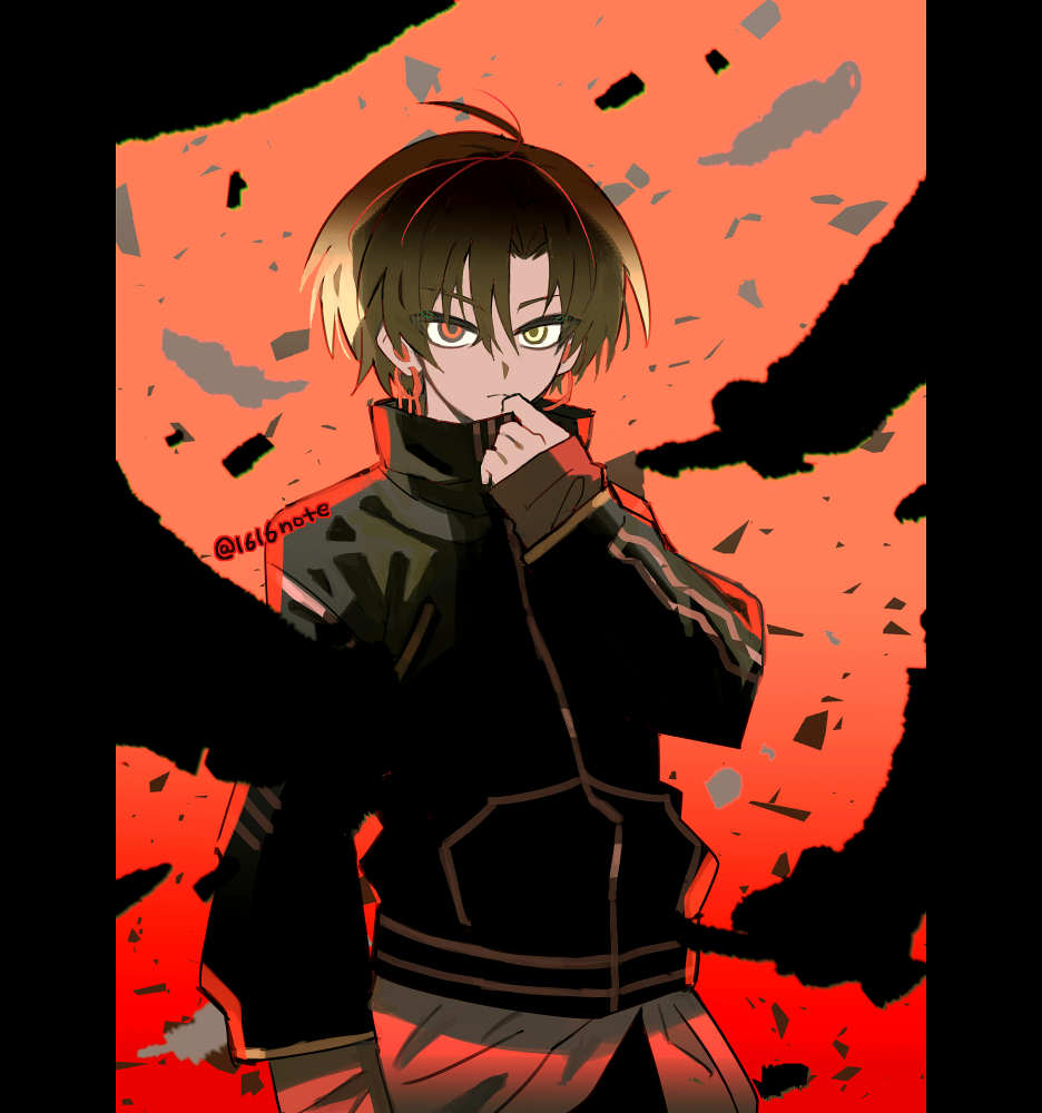1616note, 1boy, black_jacket, blonde_hair, closed_mouth, commentary_request, earrings, expressionless, feathers, gradient_background, hair_between_eyes, hand_up, heterochromia, high_collar, jacket, jewelry, kannazuki_ai, king_of_prism, long_sleeves, looking_at_viewer, male_focus, parted_bangs, pretty_rhythm, pretty_series, red_background, red_eyes, short_hair, solo, yellow_eyes