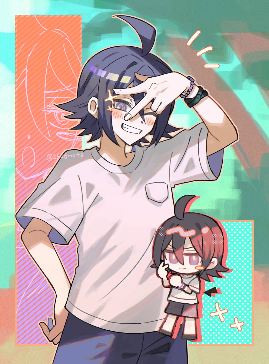 1616note, 1boy, ahoge, arm_up, bracelet, chibi, chibi_inset, commentary_request