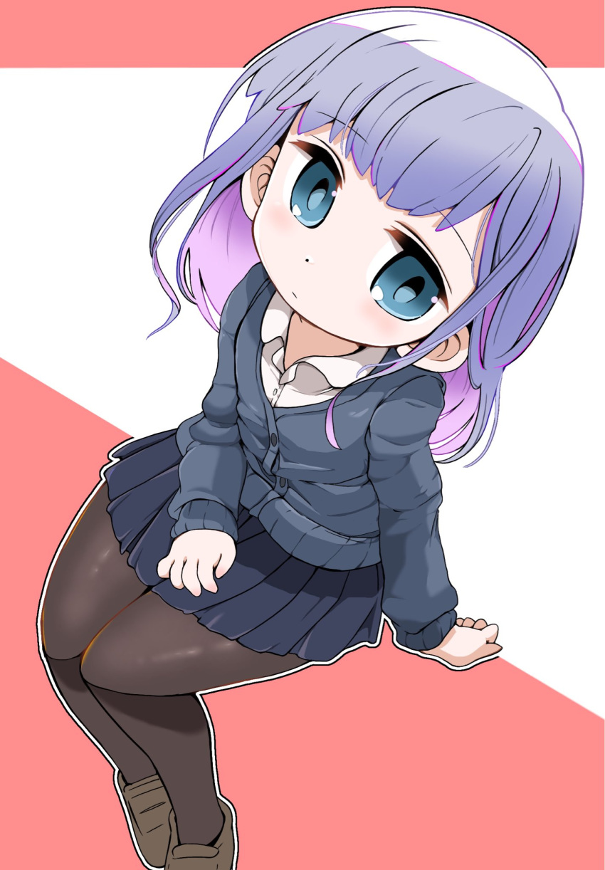 1girl, aharen-san_wa_hakarenai, aharen_reina, arm_support, blue_eyes, blue_skirt, brown_shoes, cardigan